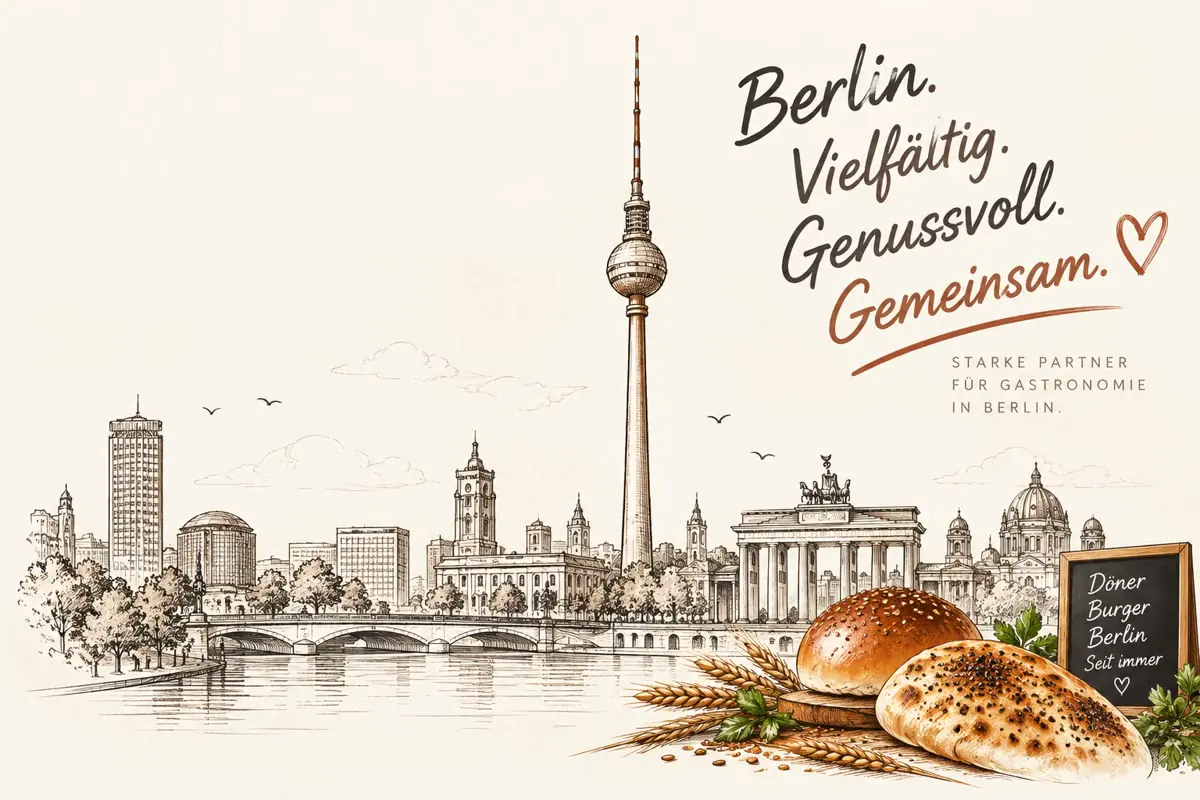 Berlin-Illustration mit Berliner Wahrzeichen und Veloso Backwaren