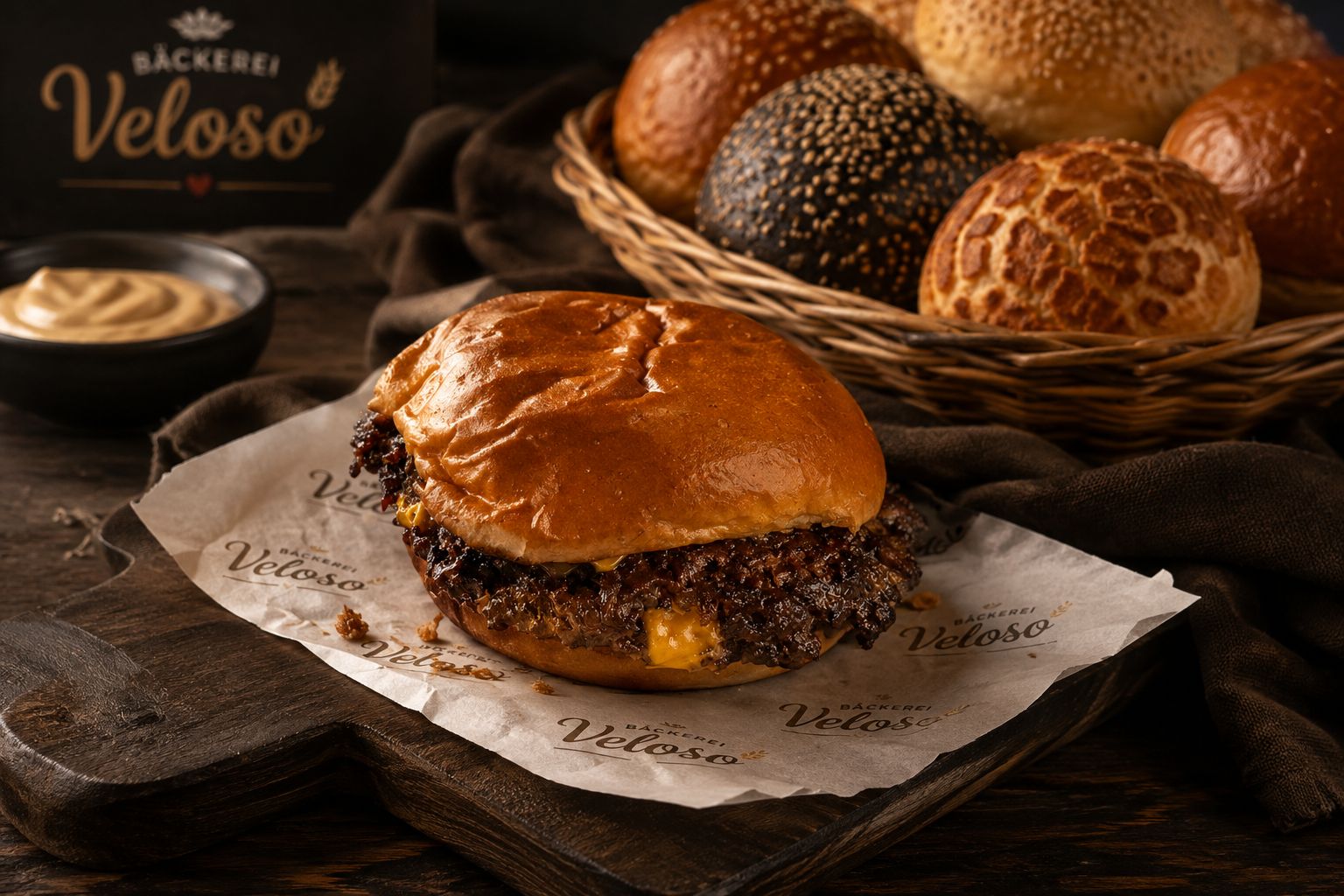 Burger mit frischen Burger-Bun-Sorten im Hintergrund