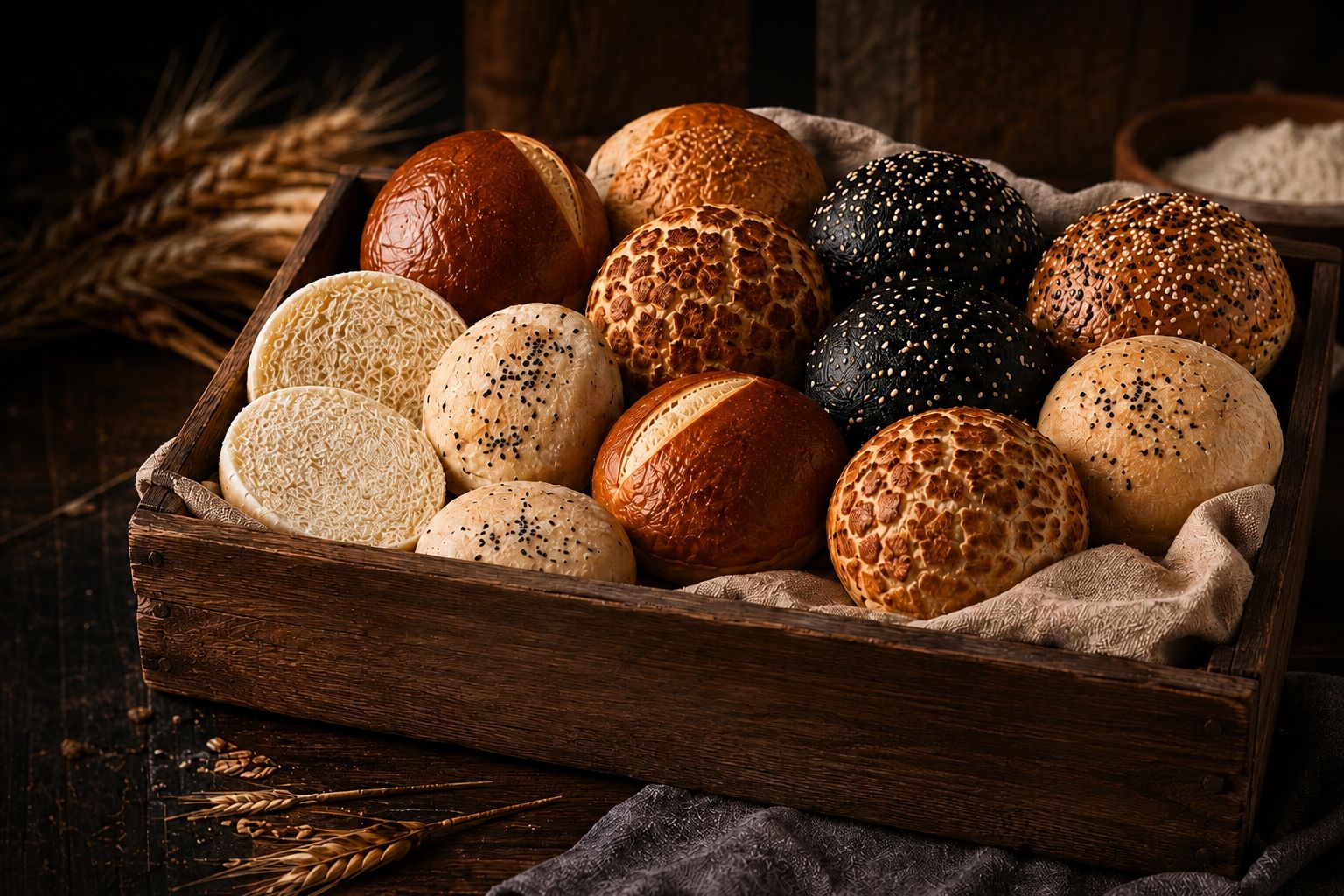 Auswahl frischer Burger Buns in einer Holzkiste