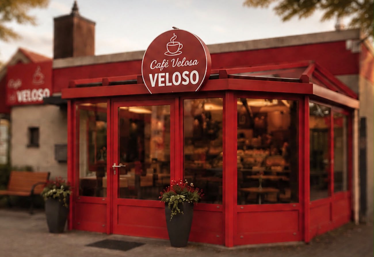 Café Veloso – Vitrine mit Backwaren und Kaffeespezialitäten