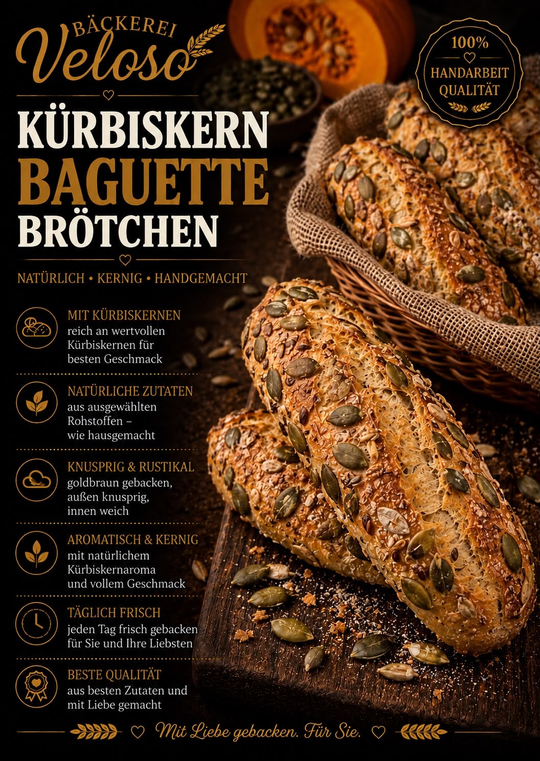 Kürbiskern Baguette Brötchen von Bäckerei Veloso