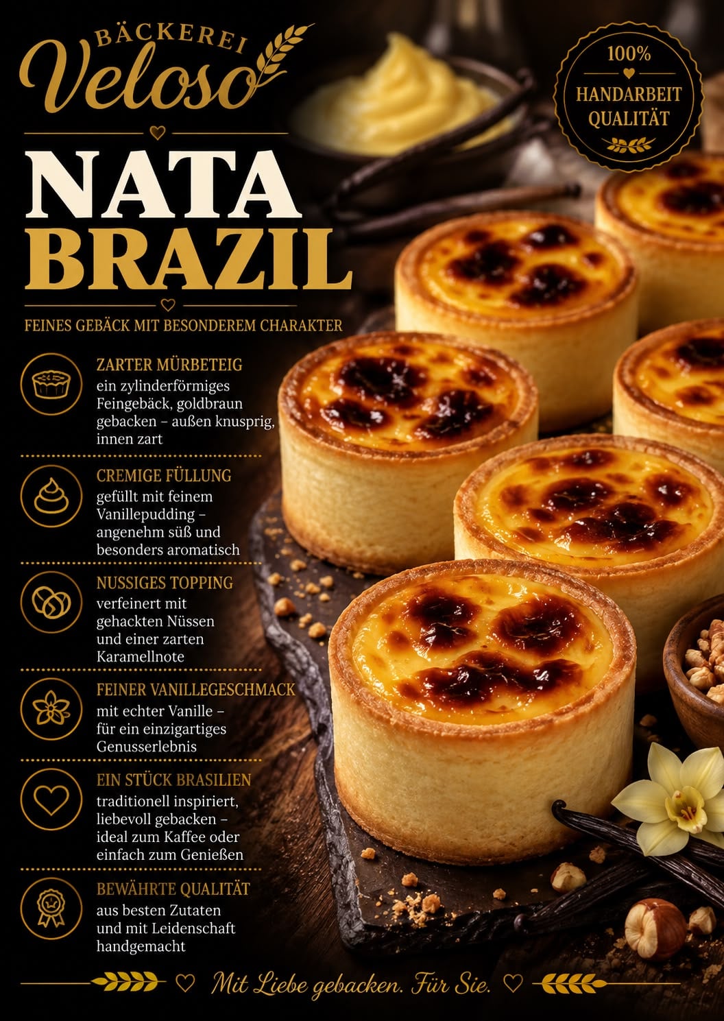 Nata Brasil mit Vanillepudding und Nüssen von Bäckerei Veloso
